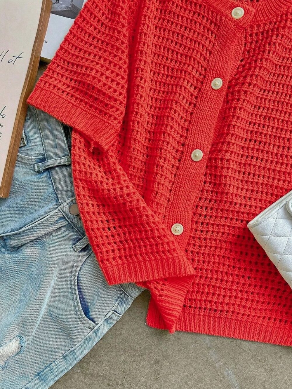 Bright Red Casual Women's button down knit cardigan - Picture 7 of 9